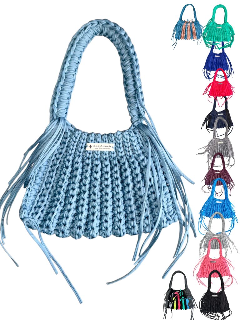 handgehäkelte nachhaltige Boho Tasche aus recyceltem Textilgarn
