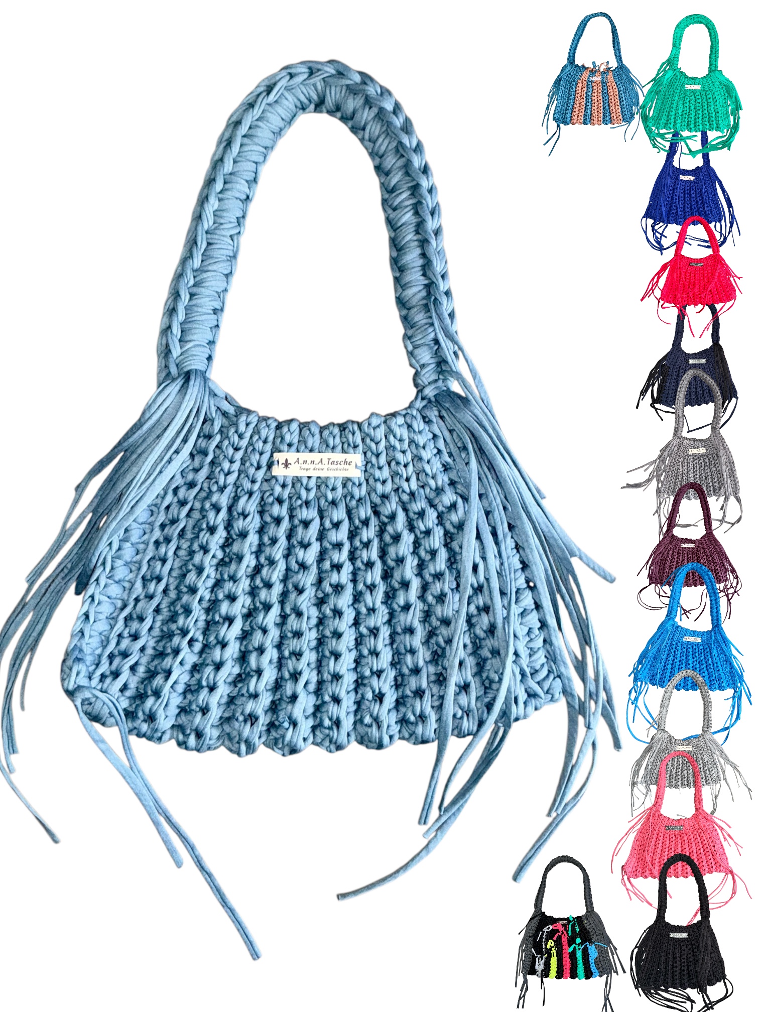 handgehäkelte nachhaltige Boho Tasche aus recyceltem Textilgarn