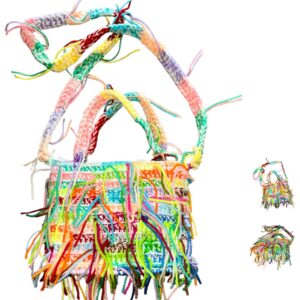 Boho Häkeltasche mit bunten Fransen Handgemacht Sommer Strandtasche Umhängetasche Festival Accessoire Geschenk für Frauen